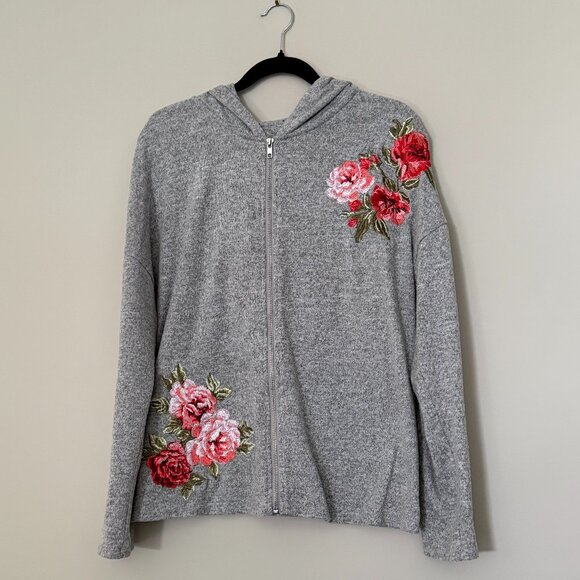 💖Host Pick💖 Rose Embroidered Long Sleeve Gray Zip Up Hoodie XL - Picture 2 of 9